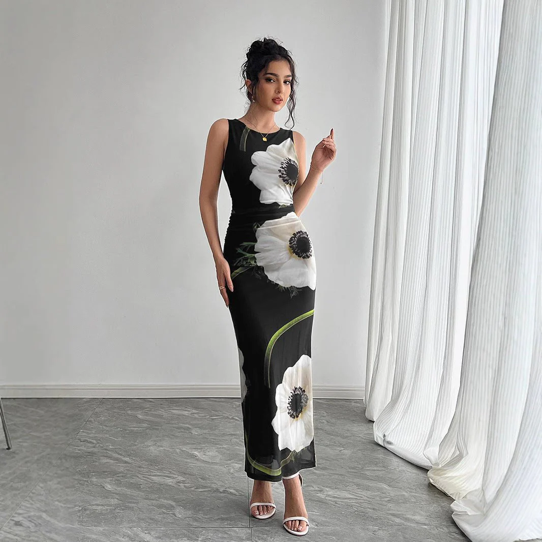 The Midnight Garden | Women's Mesh Floral Print Sleeveless Maxi Dress - Image 5