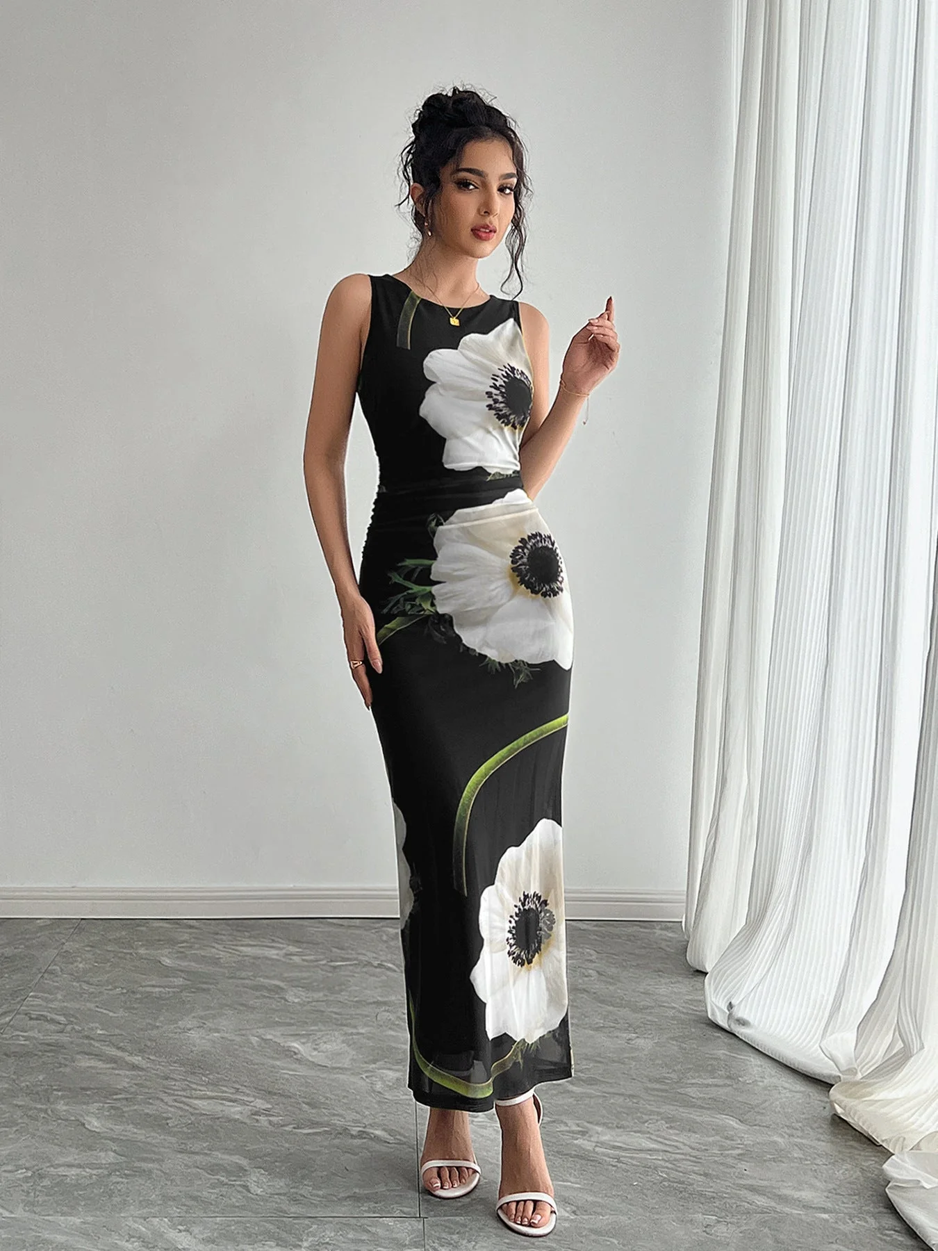 The Midnight Garden | Women's Mesh Floral Print Sleeveless Maxi Dress - Image 6