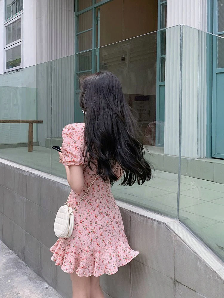 The Milky Blossom | Women's Floral Print Square Neck Short-Sleeve Mini Dress - Image 11