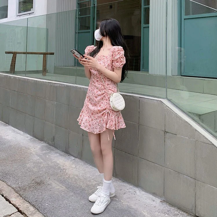 The Milky Blossom | Women's Floral Print Square Neck Short-Sleeve Mini Dress - Image 12