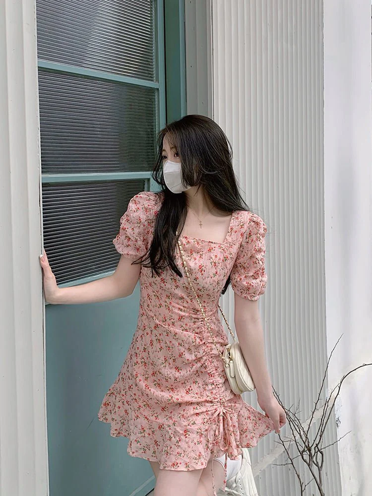 The Milky Blossom | Women's Floral Print Square Neck Short-Sleeve Mini Dress - Image 13