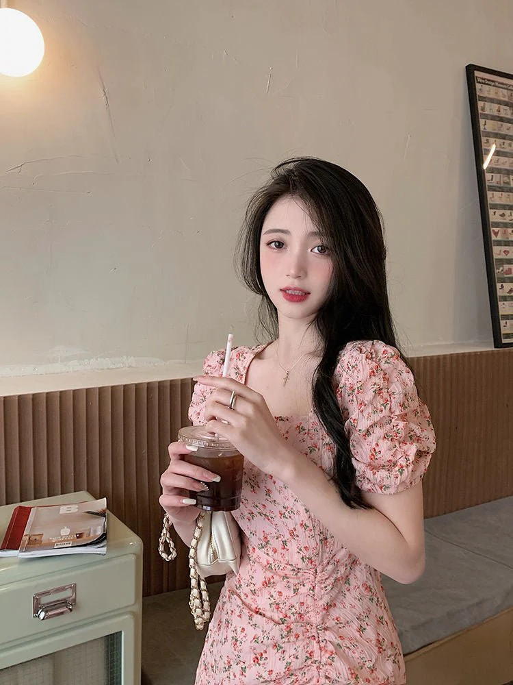 The Milky Blossom | Women's Floral Print Square Neck Short-Sleeve Mini Dress - Image 14