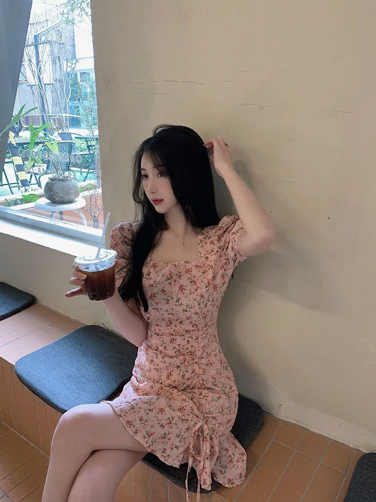 The Milky Blossom | Women's Floral Print Square Neck Short-Sleeve Mini Dress - Image 17