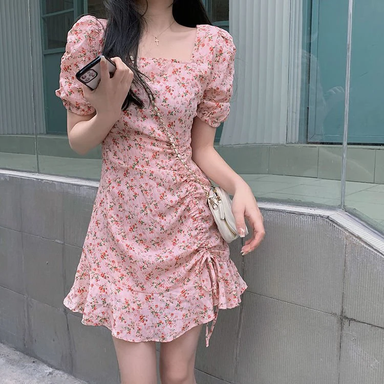The Milky Blossom | Women's Floral Print Square Neck Short-Sleeve Mini Dress - Image 18