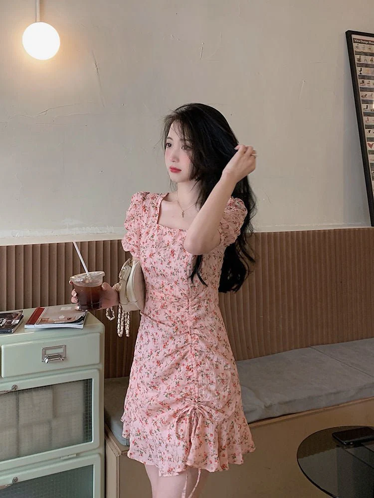 The Milky Blossom | Women's Floral Print Square Neck Short-Sleeve Mini Dress - Image 19