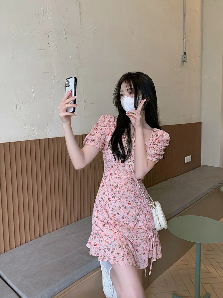 The Milky Blossom | Women's Floral Print Square Neck Short-Sleeve Mini Dress - Image 7