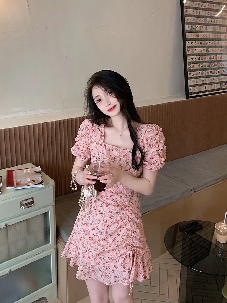 The Milky Blossom | Women's Floral Print Square Neck Short-Sleeve Mini Dress - Image 8