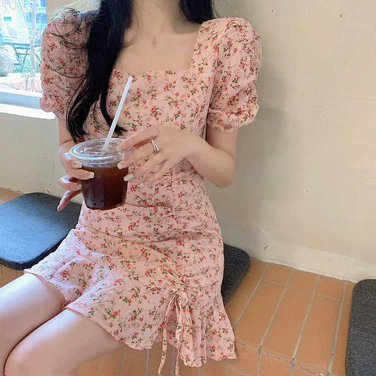 The Milky Blossom | Women's Floral Print Square Neck Short-Sleeve Mini Dress - Image 9
