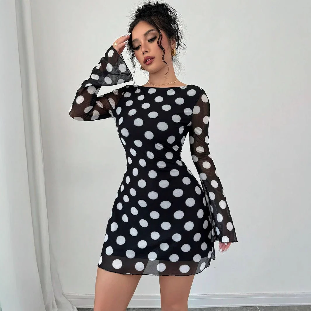The Polka Seduction | Women's Polka Dot Mesh Horn Sleeve Hip-Wrap Mini Dress - Image 2