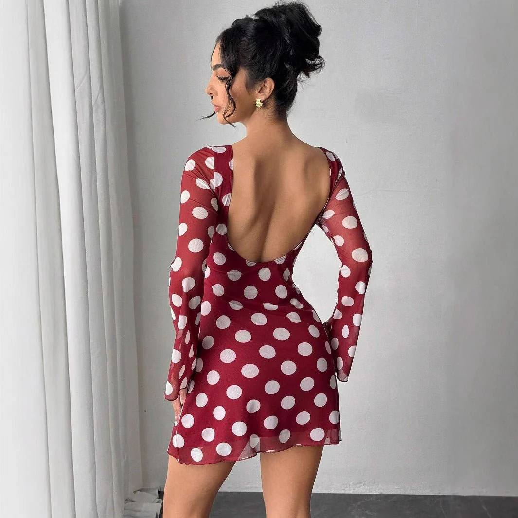 The Polka Seduction | Women's Polka Dot Mesh Horn Sleeve Hip-Wrap Mini Dress - Image 3