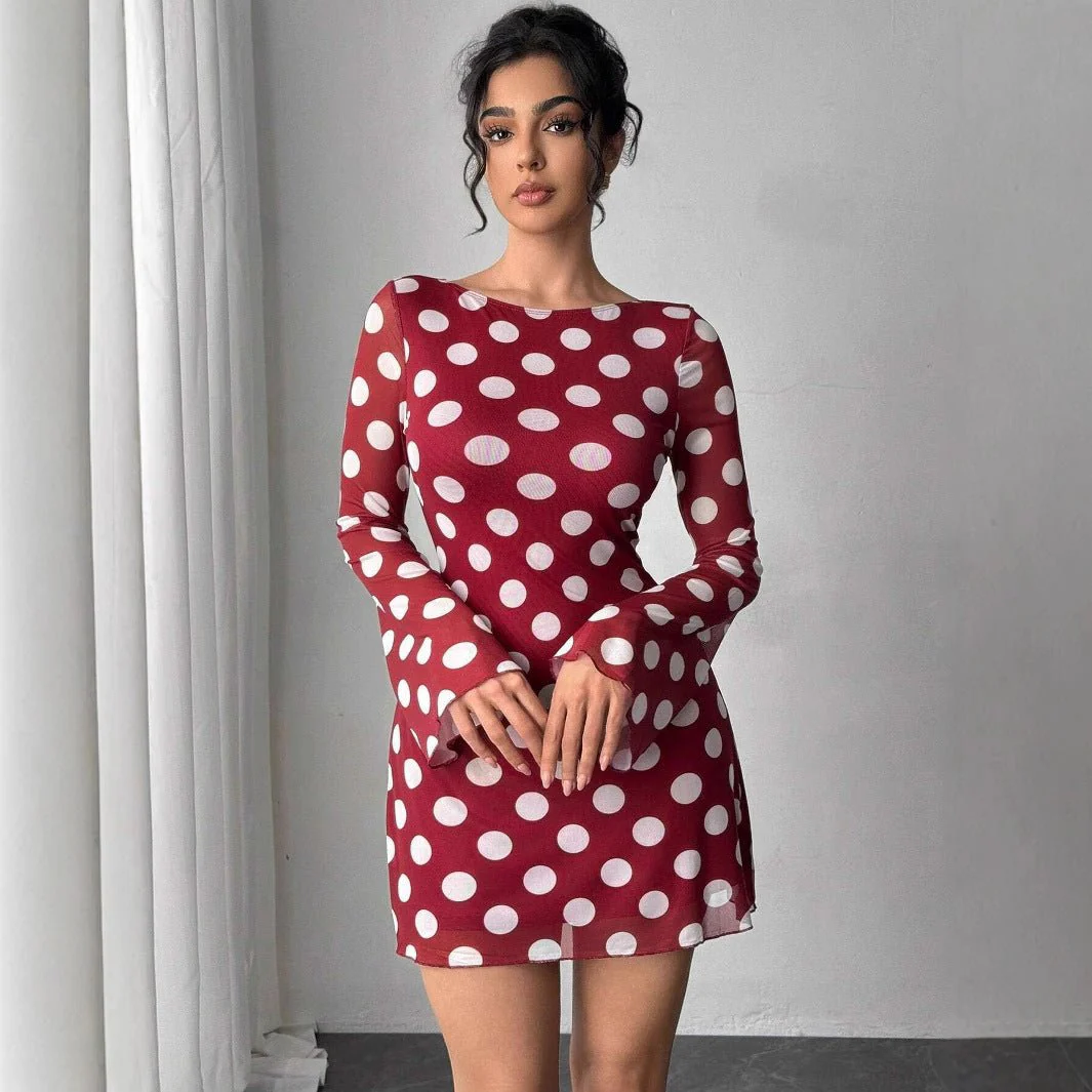 The Polka Seduction | Women's Polka Dot Mesh Horn Sleeve Hip-Wrap Mini Dress - Image 4