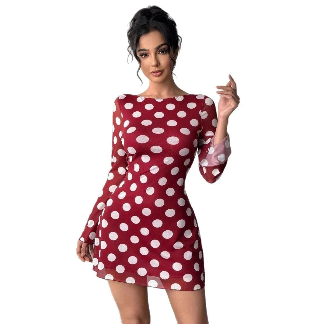 The Polka Seduction | Women's Polka Dot Mesh Horn Sleeve Hip-Wrap Mini Dress - Image 5