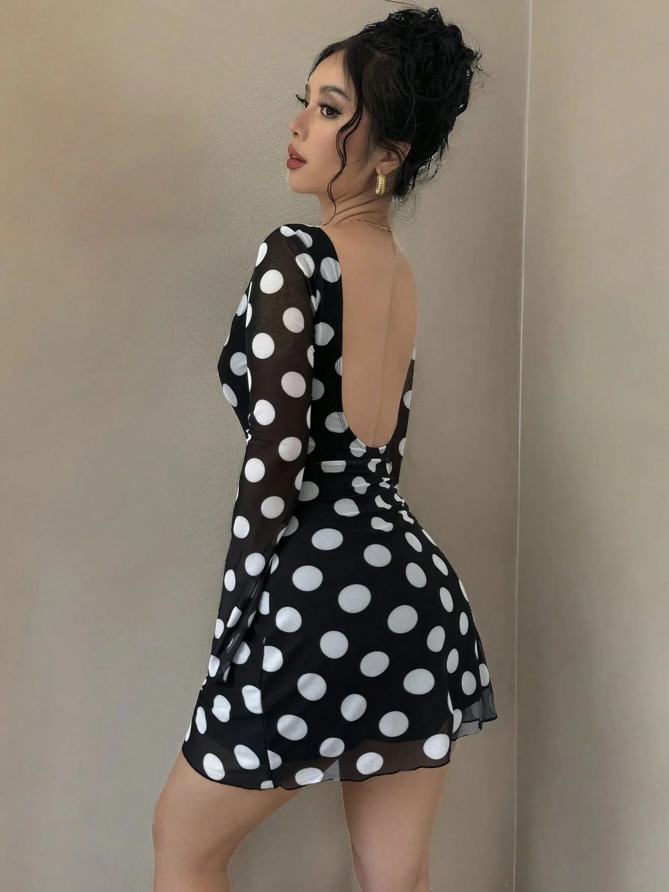 The Polka Seduction | Women's Polka Dot Mesh Horn Sleeve Hip-Wrap Mini Dress - Image 6