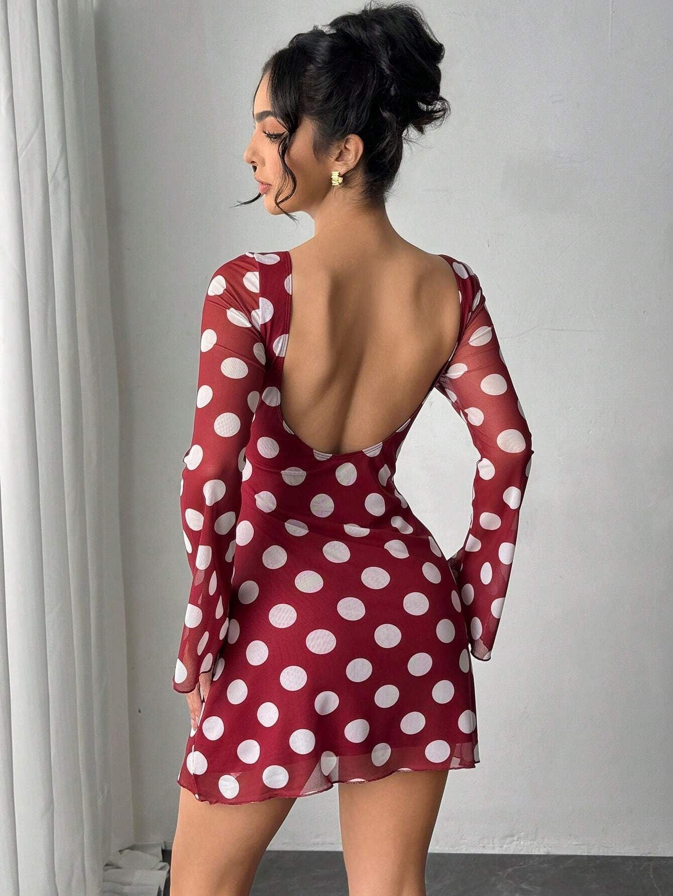 The Polka Seduction | Women's Polka Dot Mesh Horn Sleeve Hip-Wrap Mini Dress - Image 7