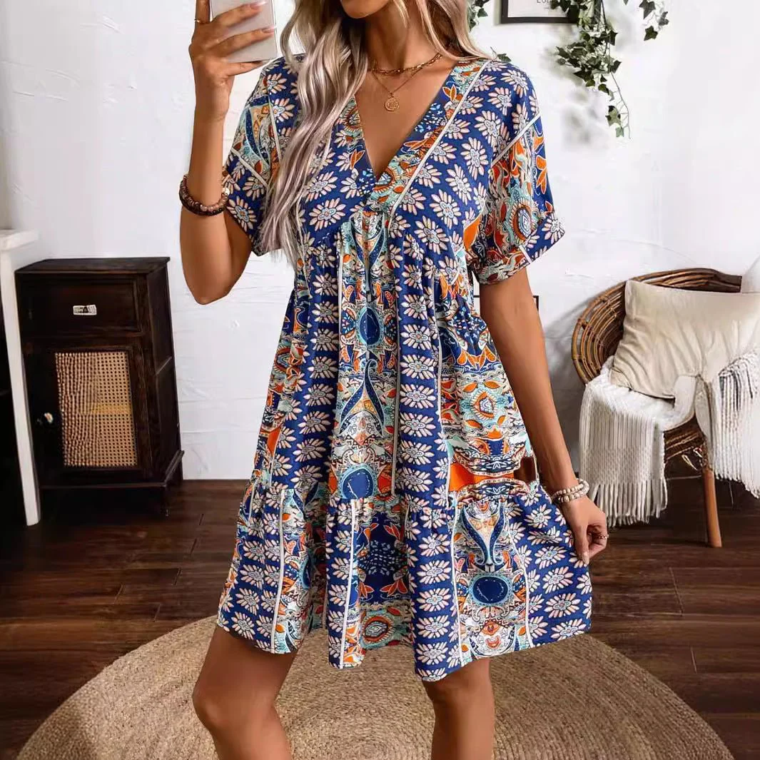 The Retro Bloom | Women's Floral Print V-Neck Bat Sleeve Midi Dress - Image 3