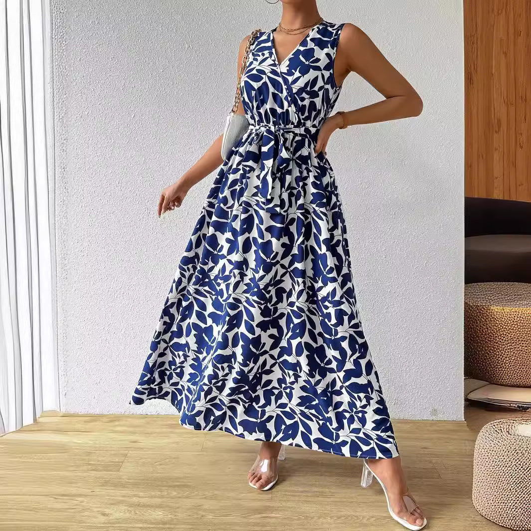 The Riviera Dream | Women's French Printed V-Neck Lace-Up Maxi Dress - Image 3