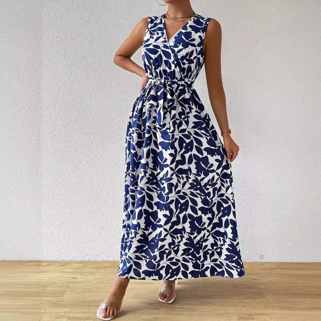 The Riviera Dream | Women's French Printed V-Neck Lace-Up Maxi Dress - Image 4