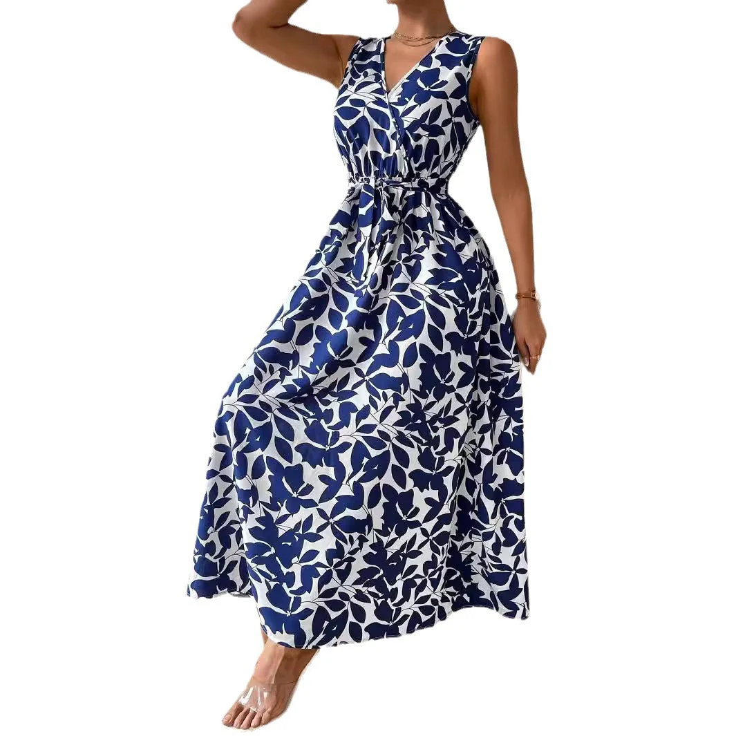 The Riviera Dream | Women's French Printed V-Neck Lace-Up Maxi Dress - Image 5