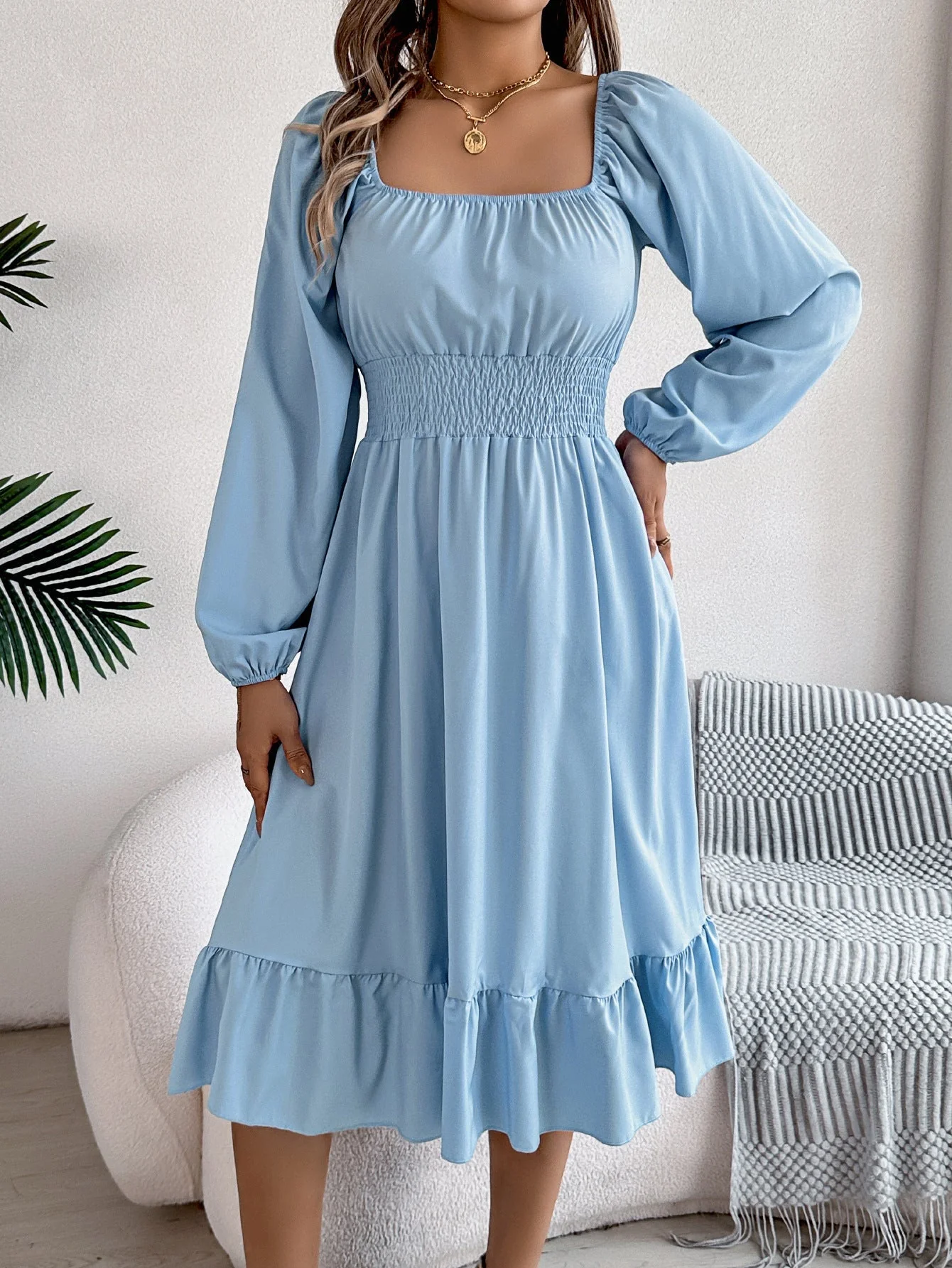 The Ruffled Charm | Solid Color Square-Neck Ruffled A-Line Midi Dress - Image 22