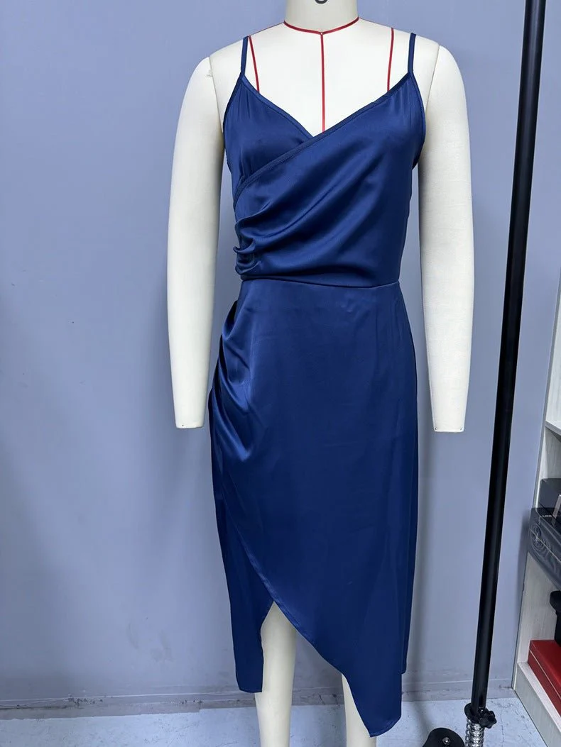 The Satin Starlet | Women's V-Neck Slit Satin Suspender Midi Dress - Image 11