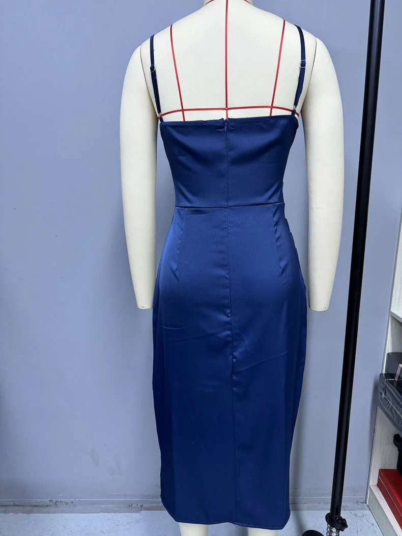 The Satin Starlet | Women's V-Neck Slit Satin Suspender Midi Dress - Image 12