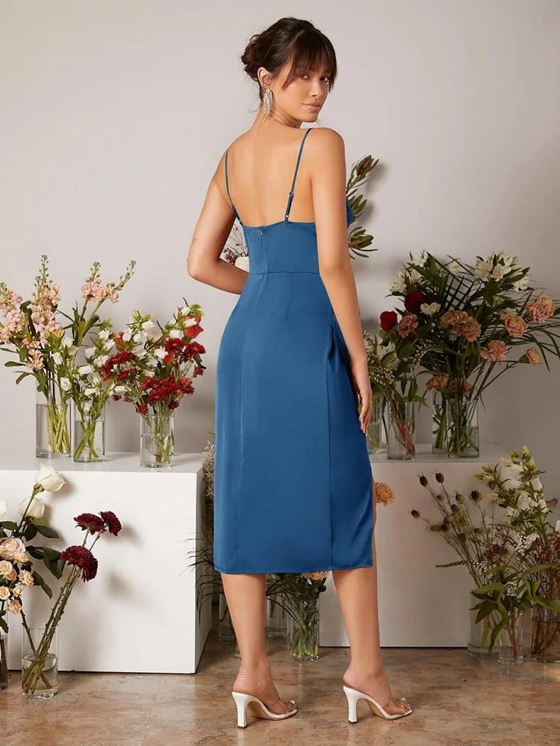 The Satin Starlet | Women's V-Neck Slit Satin Suspender Midi Dress - Image 16