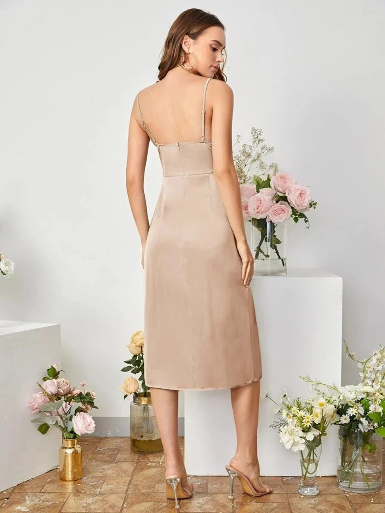 The Satin Starlet | Women's V-Neck Slit Satin Suspender Midi Dress - Image 26