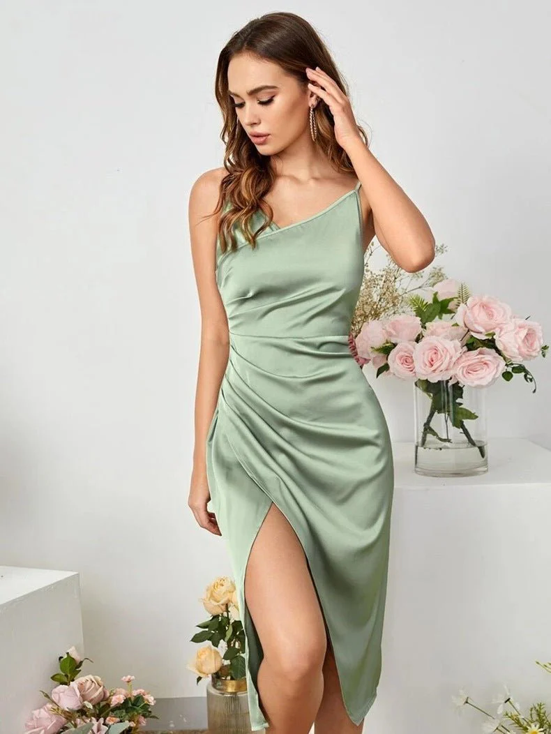The Satin Starlet | Women's V-Neck Slit Satin Suspender Midi Dress - Image 31