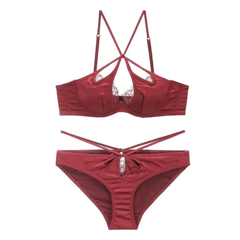 The Velvet Temptation | French Glossy Hollow Lace Push-Up Bra Set - Image 8