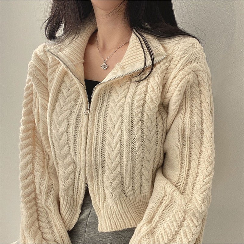 The Zipper Chic | Solid Color Polo Collar Knitted Cardigan Jacket FD