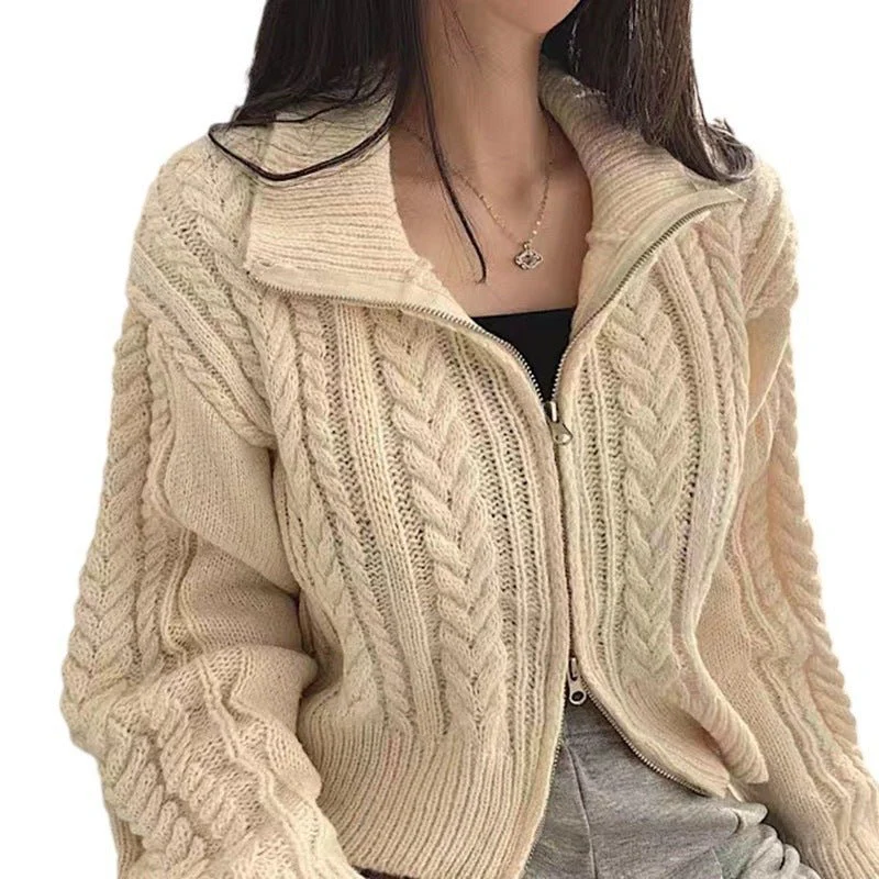 The Zipper Chic | Solid Color Polo Collar Knitted Cardigan Jacket FD - Image 5