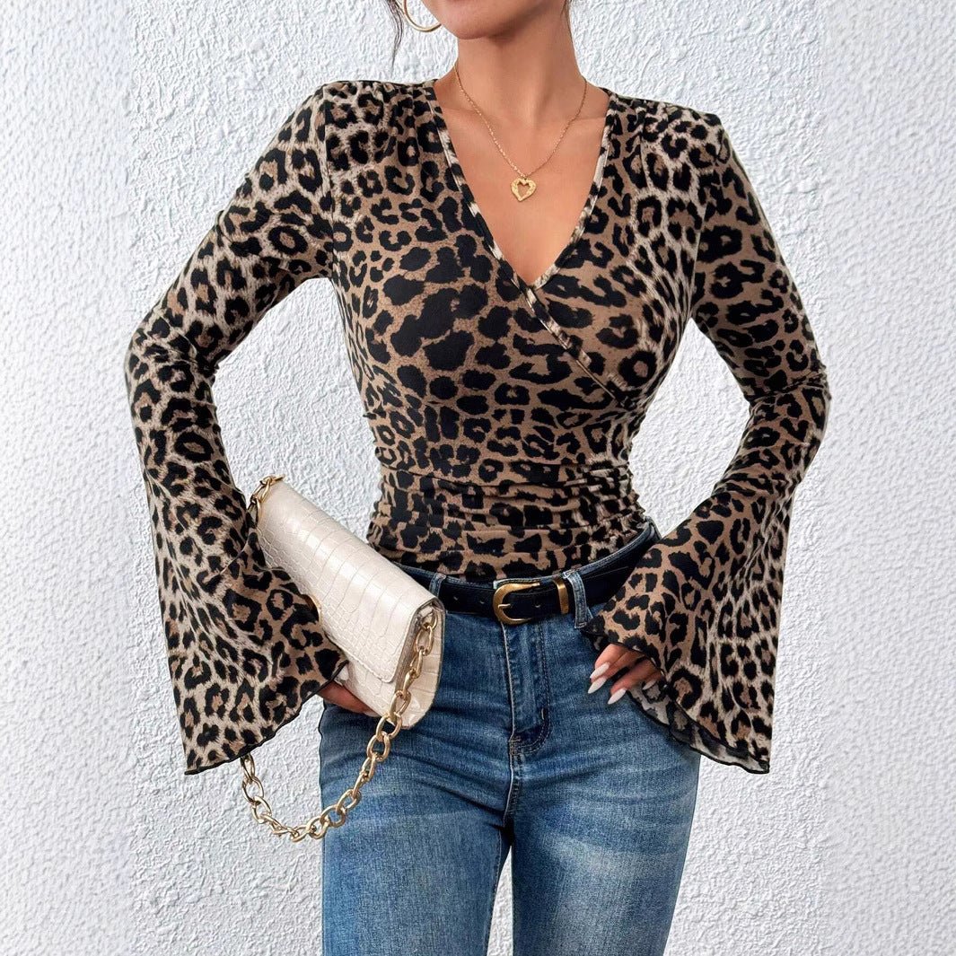 V-neck horn sleeves slim-fitting sexy knitted T-shirt top women's clothing - Image 4