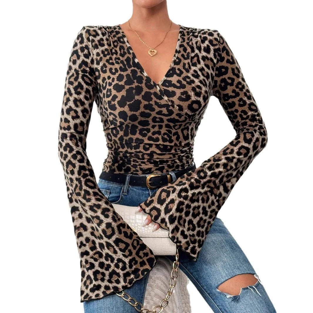 V-neck horn sleeves slim-fitting sexy knitted T-shirt top women's clothing - Image 5