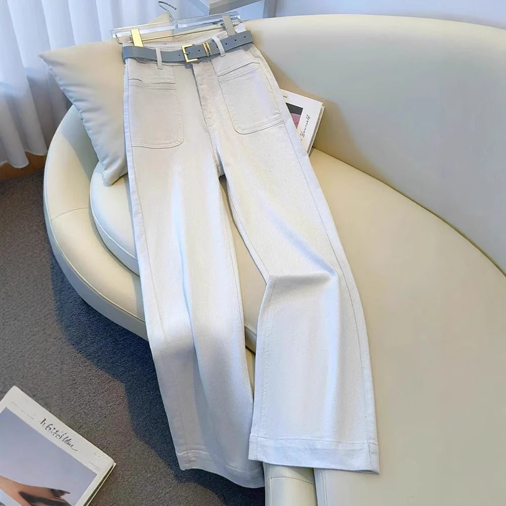 White Women’s High-Waist Straight Denim Jeans – Literary Art Retro Style with Multi-Pocket & Button Detail | Spring 2025 Collection FD