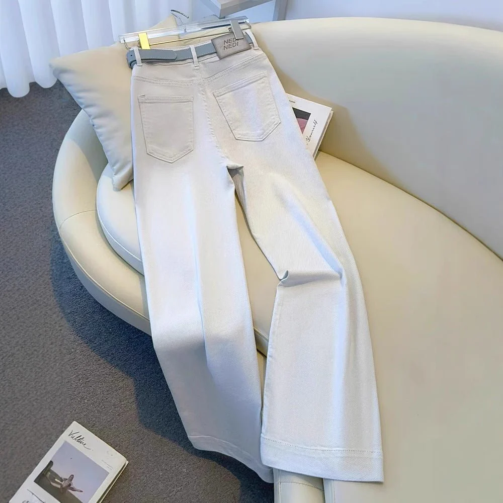 White Women’s High-Waist Straight Denim Jeans – Literary Art Retro Style with Multi-Pocket & Button Detail | Spring 2025 Collection FD - Image 2