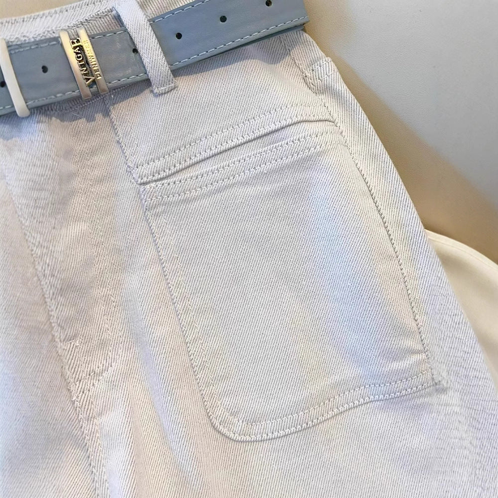White Women’s High-Waist Straight Denim Jeans – Literary Art Retro Style with Multi-Pocket & Button Detail | Spring 2025 Collection FD - Image 3