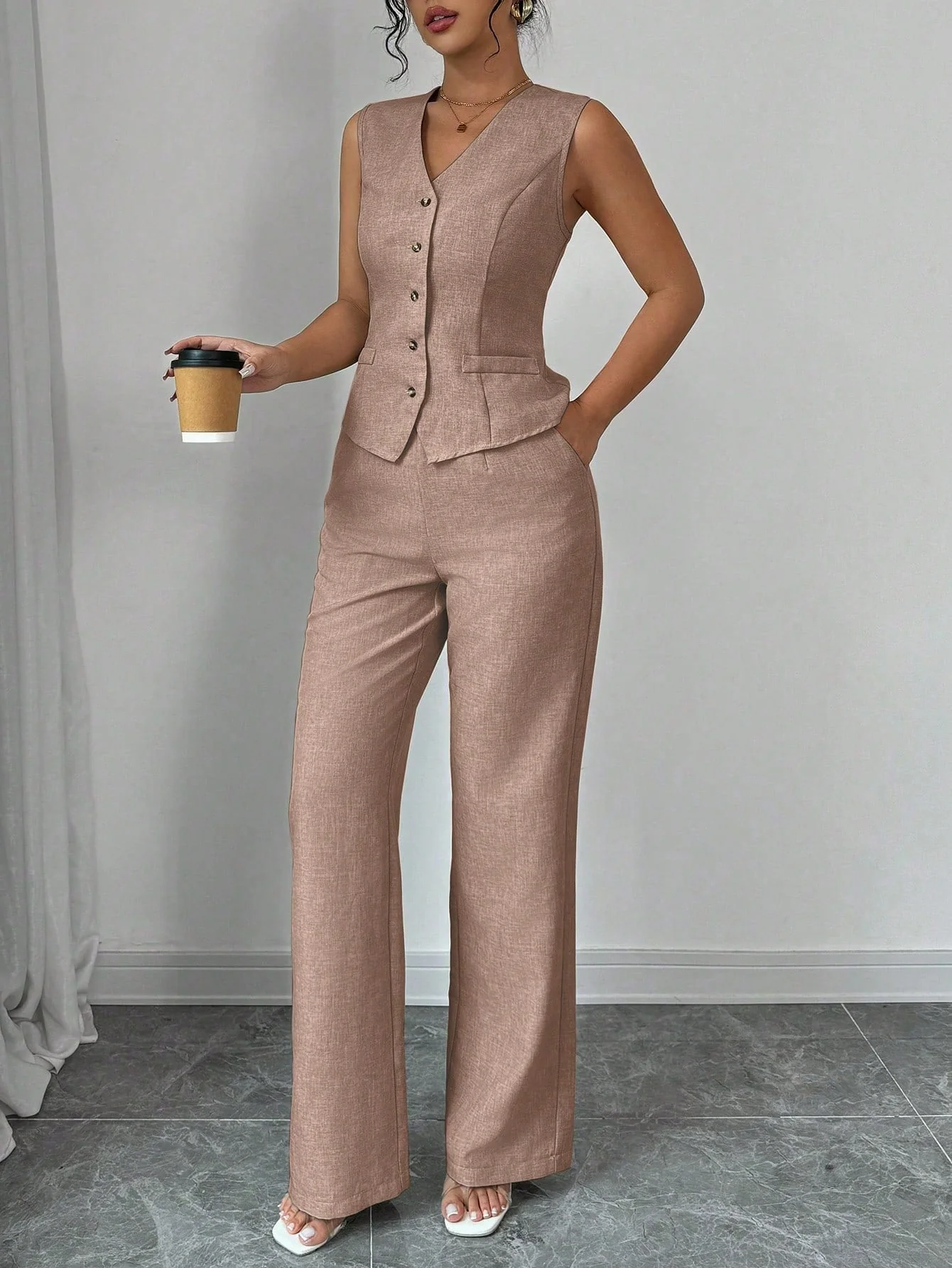 Women Elegant Chic Commuter Casual Sleeveless V-Neck Gathered Waist Back Tie Vest & Straight Leg Pants Suit Set - Image 12
