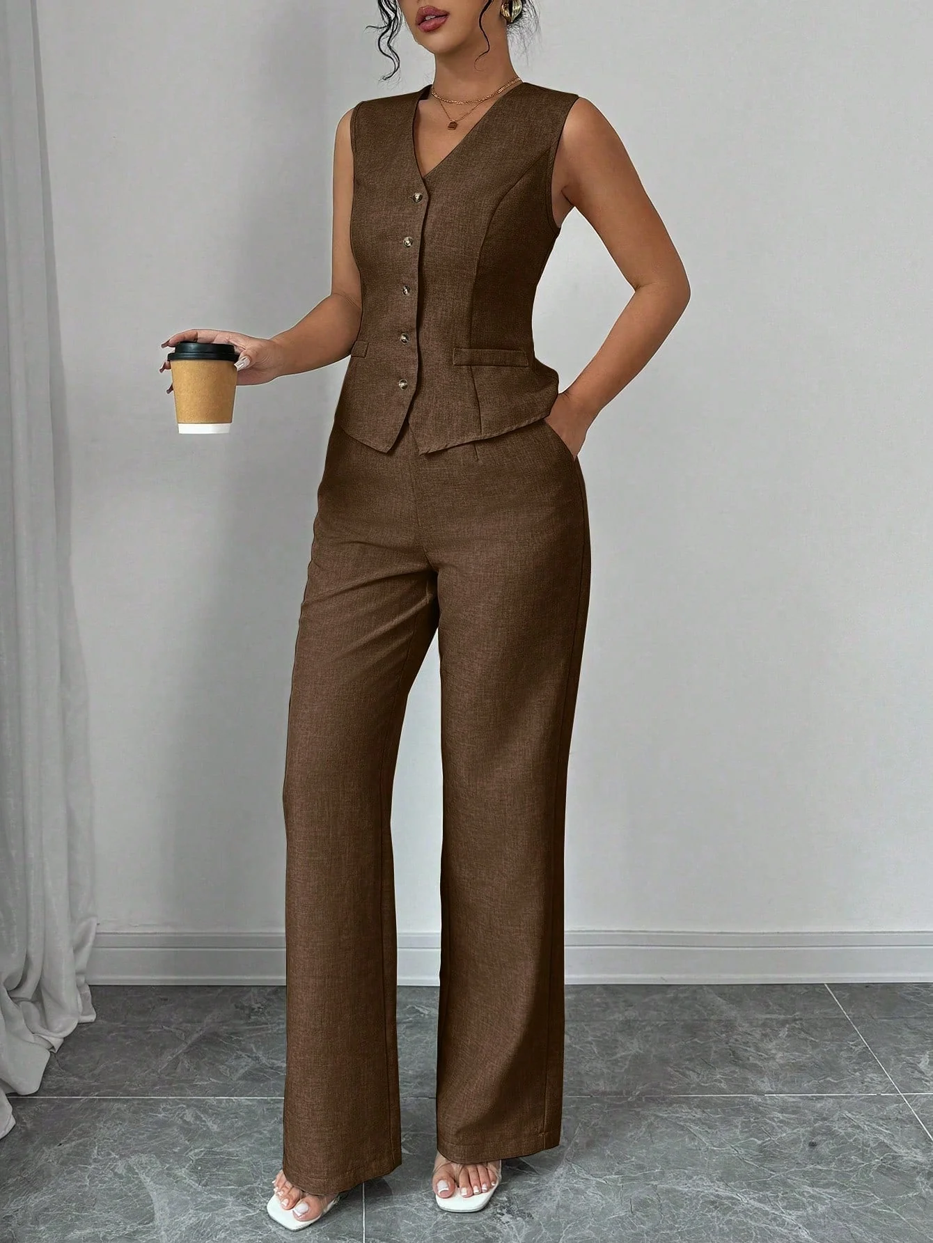 Women Elegant Chic Commuter Casual Sleeveless V-Neck Gathered Waist Back Tie Vest & Straight Leg Pants Suit Set - Image 3