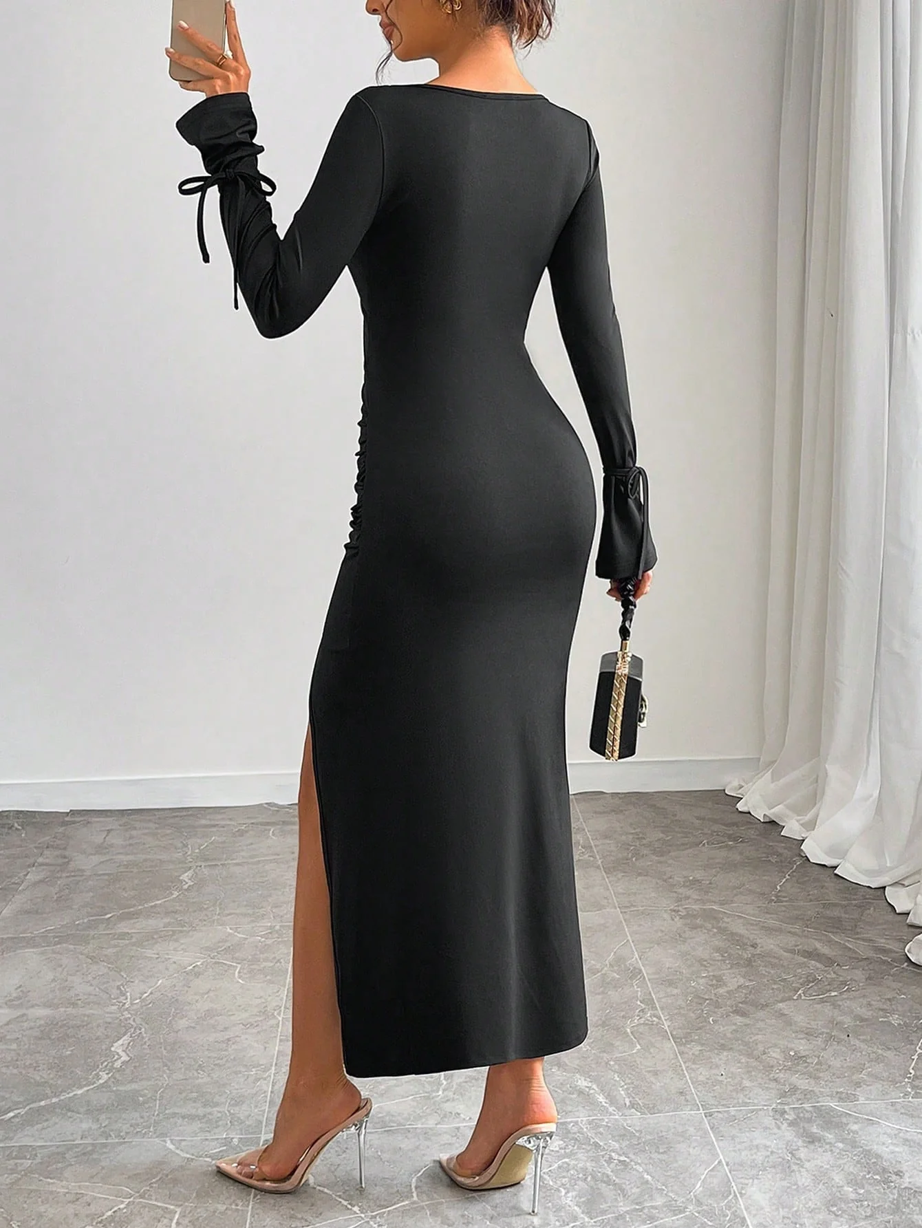 Women Elegant Hollow Floral 3D Pleated Bodycon Split Tied Backless Midi Dress - Image 6