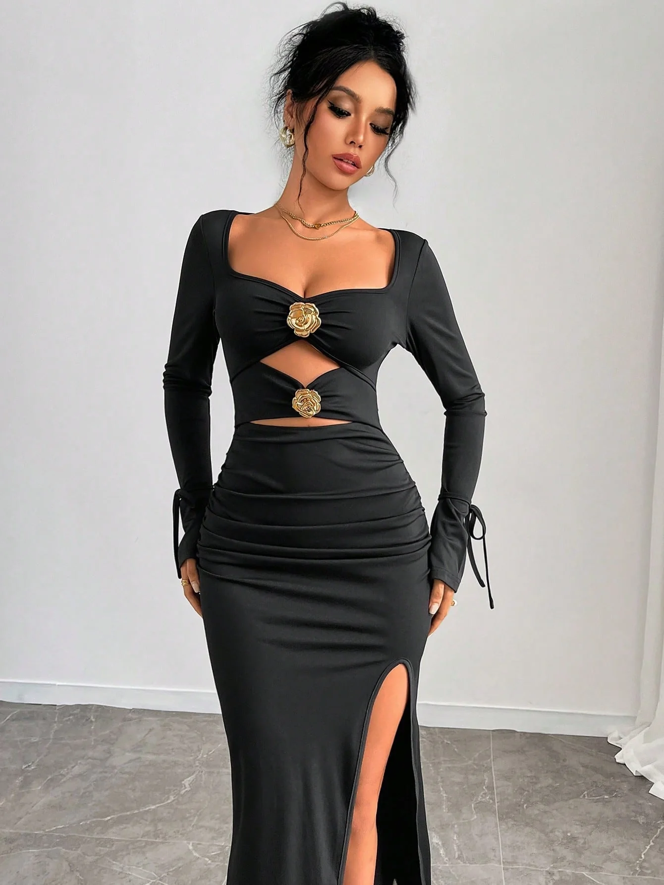 Women Elegant Hollow Floral 3D Pleated Bodycon Split Tied Backless Midi Dress - Image 9