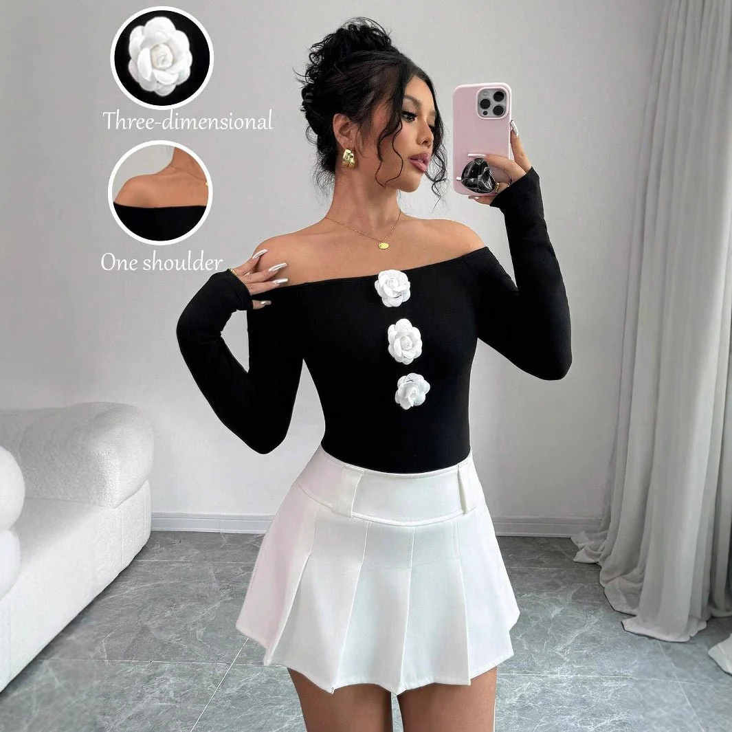 Women's 3D flower off-the-shoulder one-word collar slim-fitting long-sleeved T-shirt top women