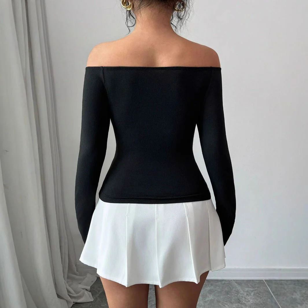 Women's 3D flower off-the-shoulder one-word collar slim-fitting long-sleeved T-shirt top women - Image 2