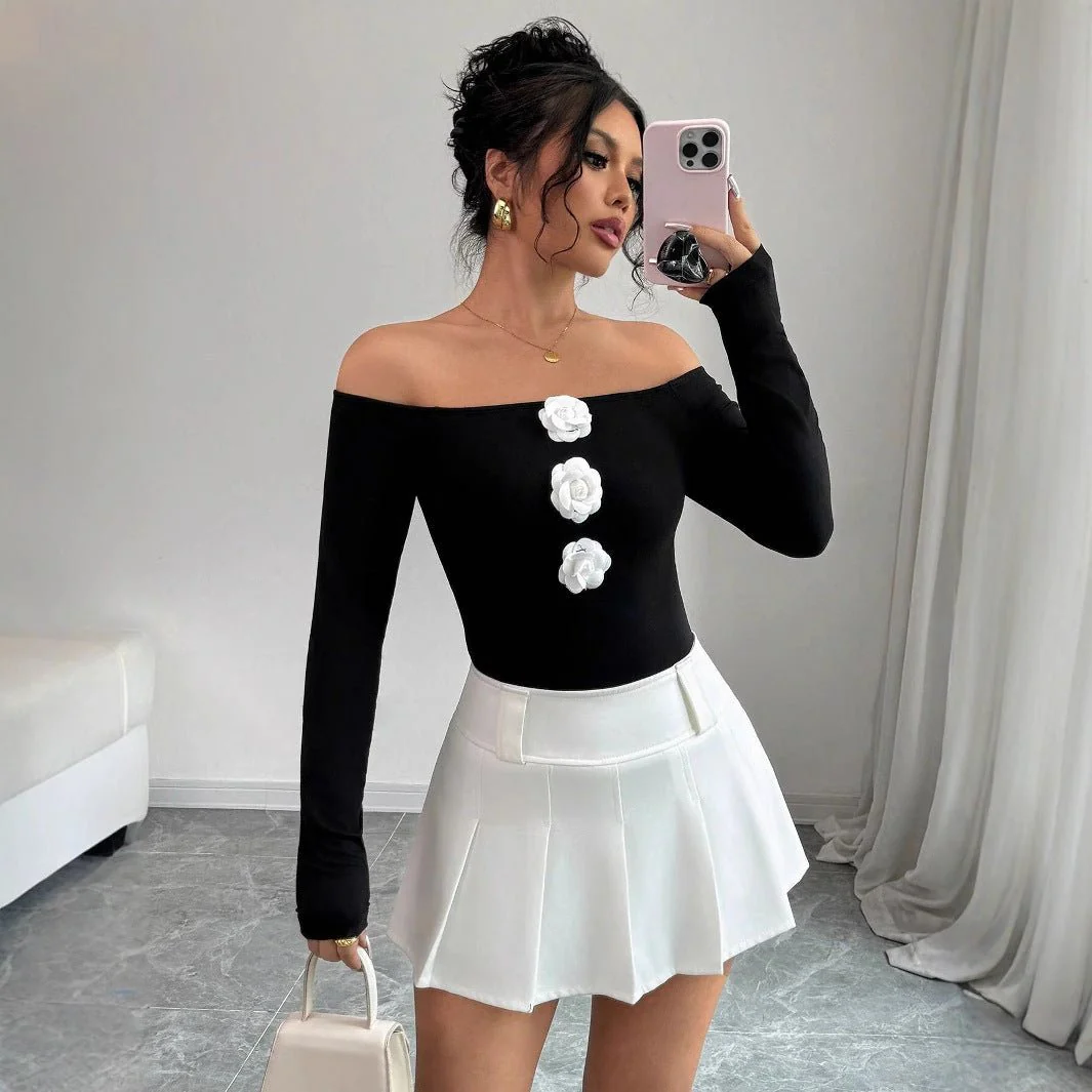 Women's 3D flower off-the-shoulder one-word collar slim-fitting long-sleeved T-shirt top women - Image 3