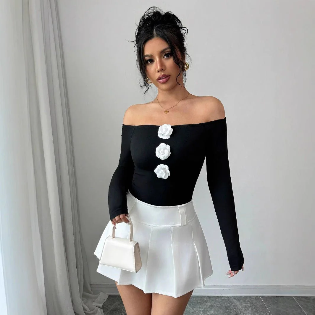 Women's 3D flower off-the-shoulder one-word collar slim-fitting long-sleeved T-shirt top women - Image 4