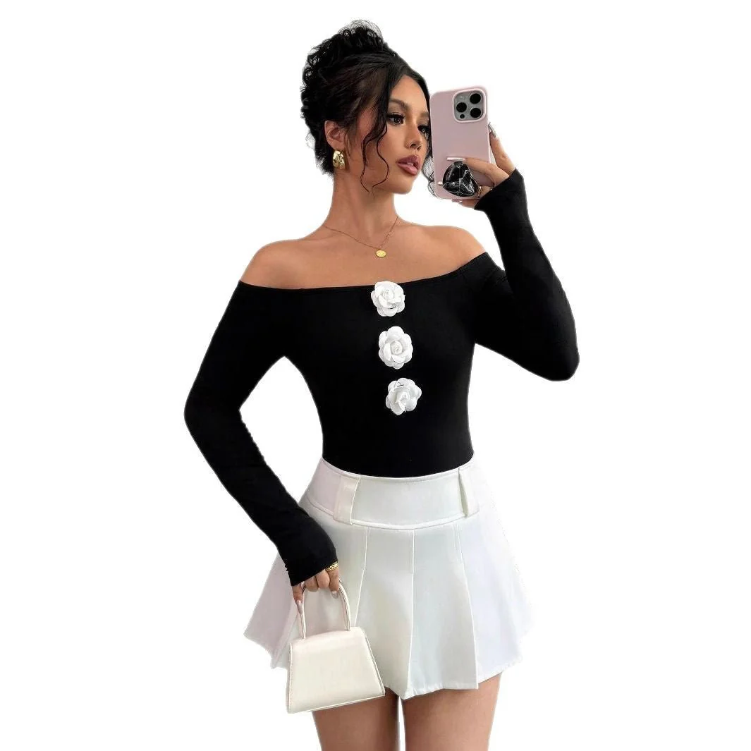 Women's 3D flower off-the-shoulder one-word collar slim-fitting long-sleeved T-shirt top women - Image 5