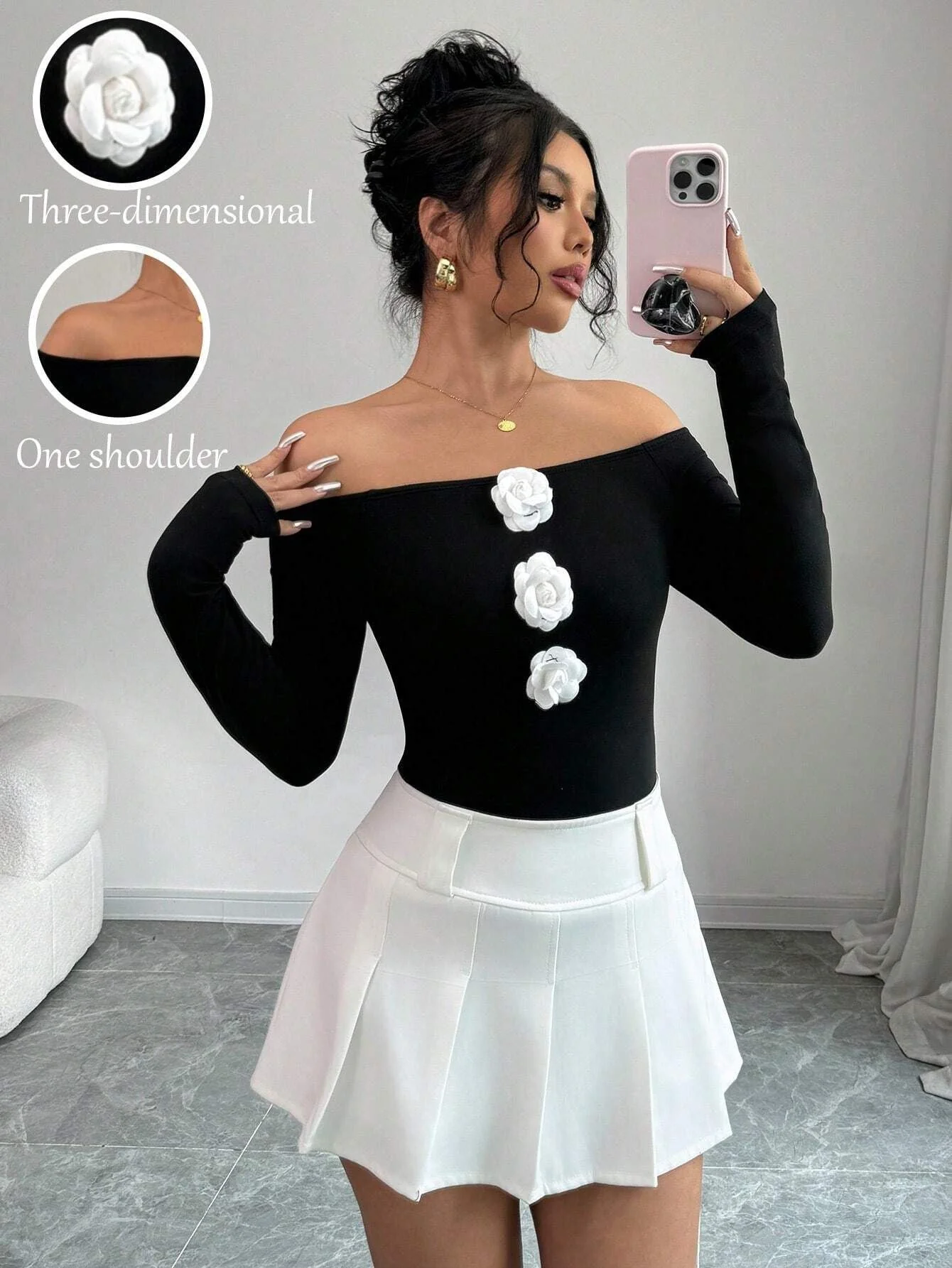 Women's 3D flower off-the-shoulder one-word collar slim-fitting long-sleeved T-shirt top women - Image 6