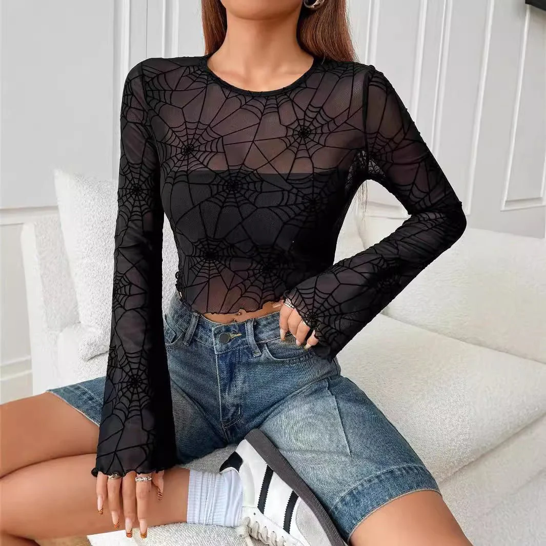 Women's black transparent fungus edge spider web T-shirt top women's clothing
