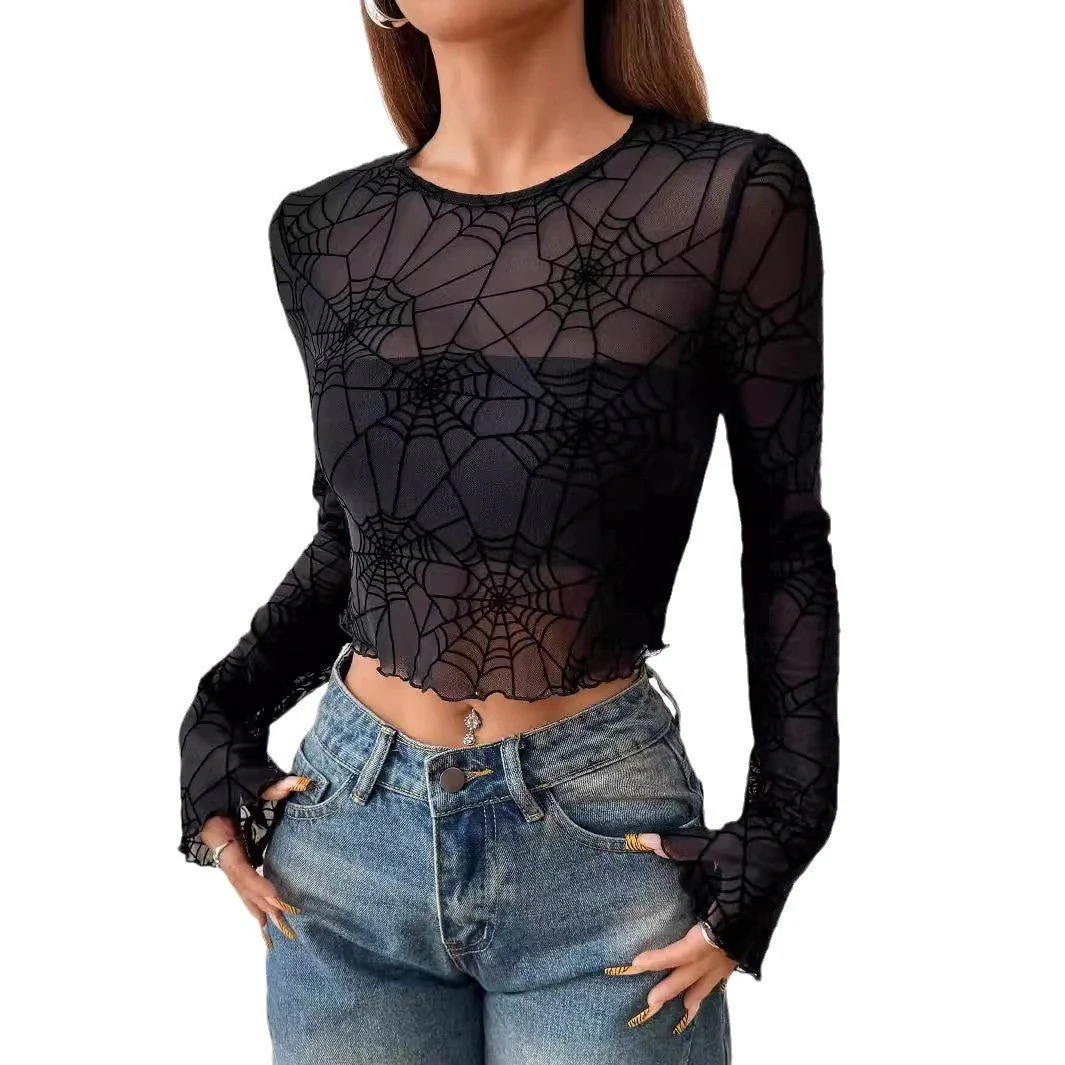 Women's black transparent fungus edge spider web T-shirt top women's clothing - Image 5
