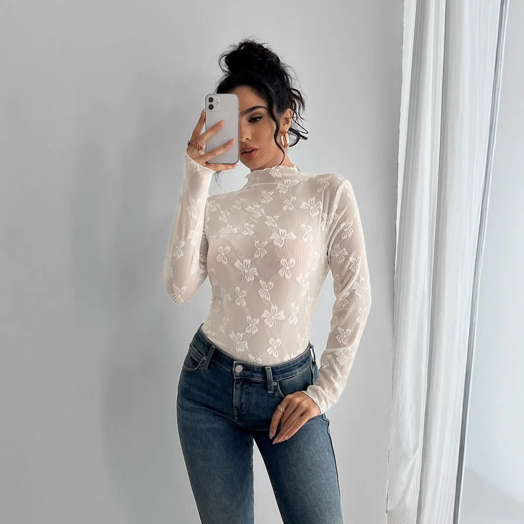 Women's butterfly jacquard mesh slim-fit small stand-up collar long-sleeved T-shirt top