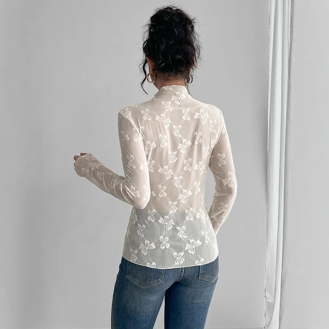 Women's butterfly jacquard mesh slim-fit small stand-up collar long-sleeved T-shirt top - Image 2
